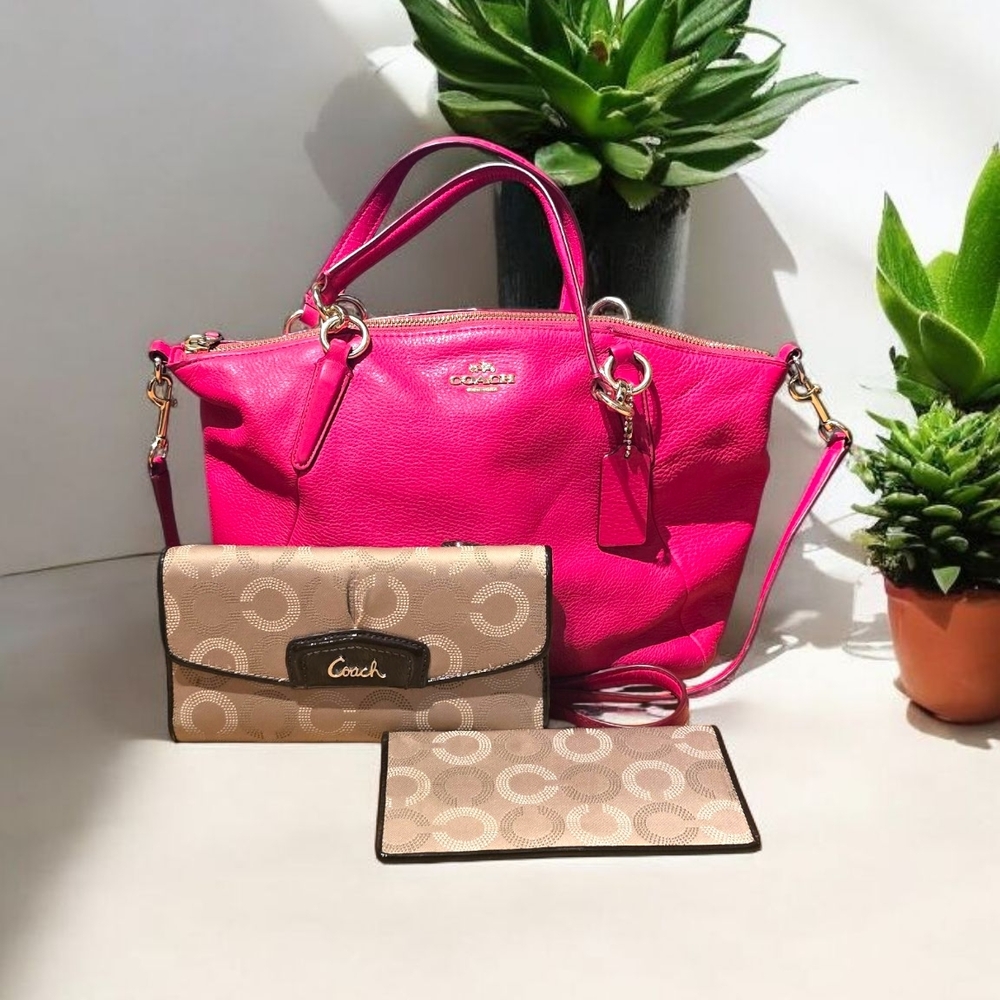 Coach Pink Leather Handbag With Free Wallet Set